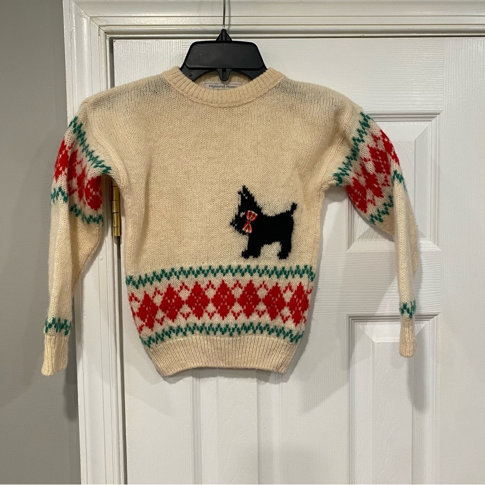 Vintage Highland Home Industries Cream Scottie Dog Wool Argyle Sweater Girls 4